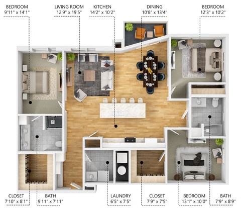 Floor plan for 3 beds, 2 baths, 1480 sqft